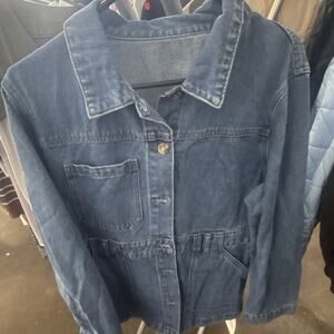 Women's Denim Short Jacket Button Closure Long Sleeve Pockets Blue Size XL